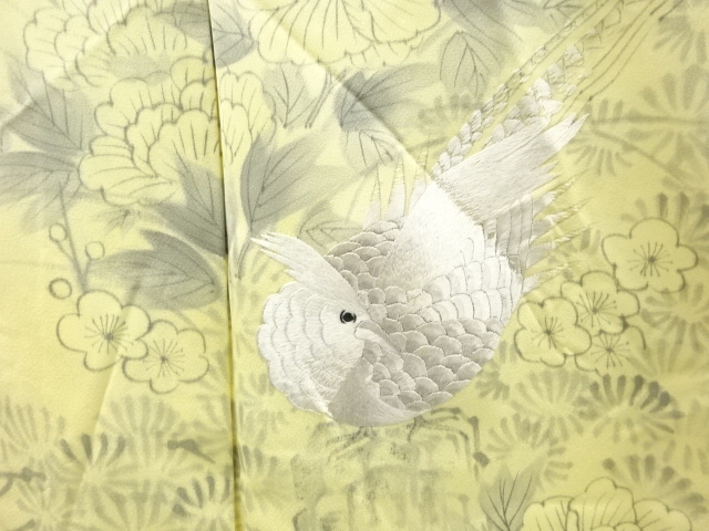 アンティーク　草花に尾長鳥模様刺繍着物